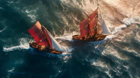 Sailing ships in the sea. 3d rendering. Computer digital drawing.の素材