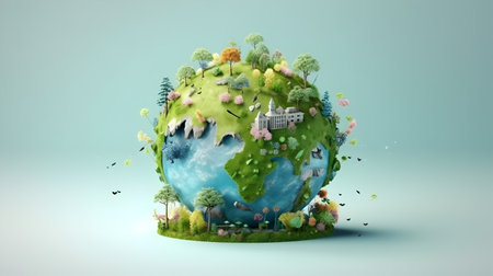 Ecology concept. Green planet with houses and trees. 3D renderingの素材