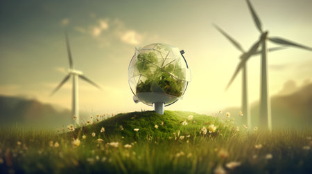 Conceptual image with wind turbines and a globe. 3d renderingの素材