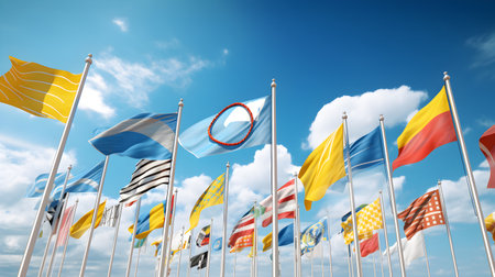 many flags of the world on blue sky background - 3D illustrationの素材