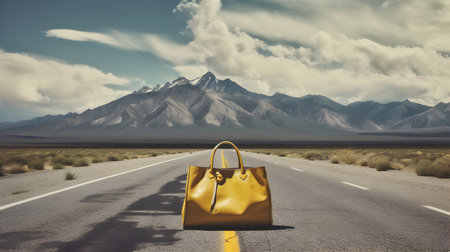 Yellow travel bag on the road with mountain background. Travel concept.の素材