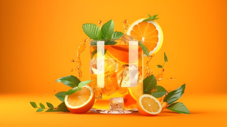 Glass of iced tea with orange and ice cubes on orange backgroundの素材