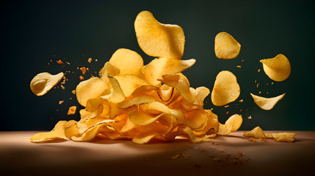 Crispy potato chips flying in the air on a dark backgroundの素材