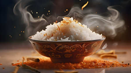 Cooked rice in a clay bowl on a wooden table, close-up generative aiの素材