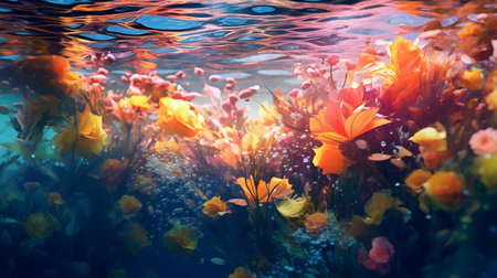 Colorful flowers floating in the water. 3d rendering. Computer digital drawing.の素材