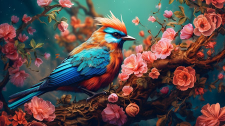 Beautiful bird on the branch of blooming sakura. Digital painting.の素材