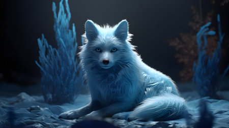 3d rendering of a white fox with blue eyes in the snowの素材