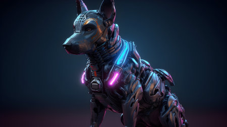 Futuristic Doberman dog with glowing neon lights. 3d renderingの素材