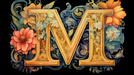 Vintage floral capital letter M with flowers and leaves on a black backgroundの素材