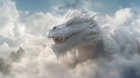 3d rendering of a dragon in the clouds with mountains in the backgroundの素材