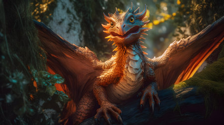 Fantasy scene with fantasy dragon in the forest. 3d illustrationの素材