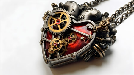 Heart-shaped watch mechanism with gears and chain on white background.の素材
