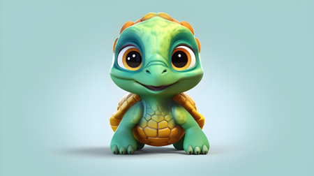 3d rendering of a cute cartoon turtle sitting on a blue backgroundの素材