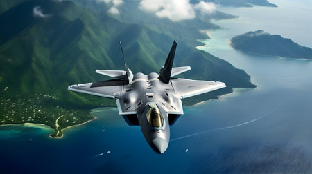 Fighter aircraft in flight over the ocean. 3D rendering.の素材