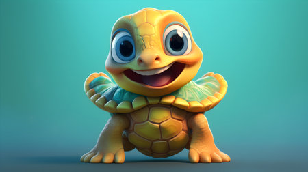 3d rendering of a cute cartoon baby turtle on a blue backgroundの素材