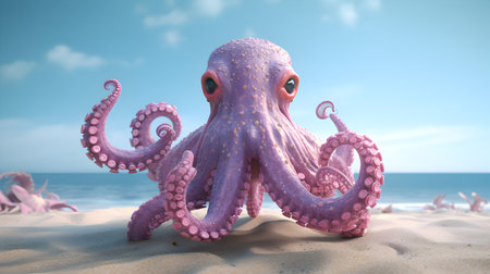 Octopus on the beach. 3d render. Sea animal.の素材