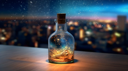 Magic potion in a glass bottle on the table. 3d renderingの素材