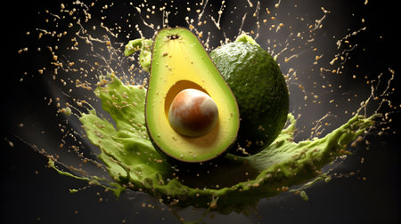 Avocado with water splash on black background. 3d illustration.の素材