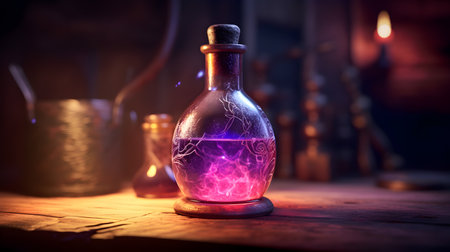 Magic potion in a bottle. Halloween concept. Selective focus.の素材