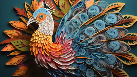 Colorful peacock on a blue background. 3D illustration.の素材
