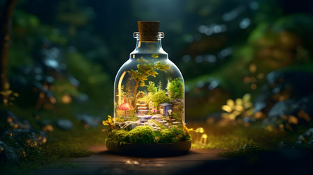 Magic potion in a glass bottle. Fantasy forest. 3D rendering.の素材