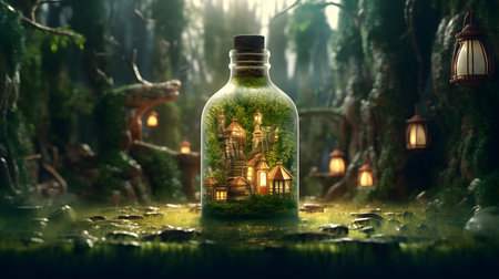 Magic potion in the bottle in the forest. 3d rendering.の素材