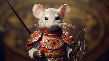 Portrait of a cute white mouse in a medieval costume. Studio shooting.の素材