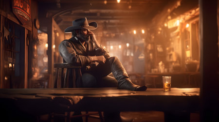 Photo for A man in a cowboy hat sits in a pub with a glass of whiskey. - Royalty Free Image