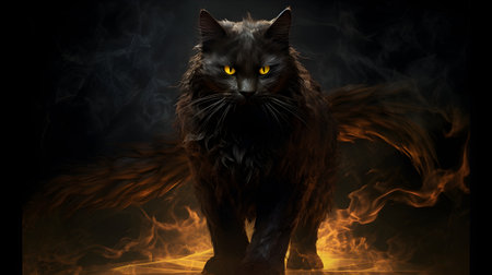 Fantasy black cat with yellow eyes and smoke on a black backgroundの素材