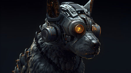 3D rendering of a robot with headphones on a black background.の素材