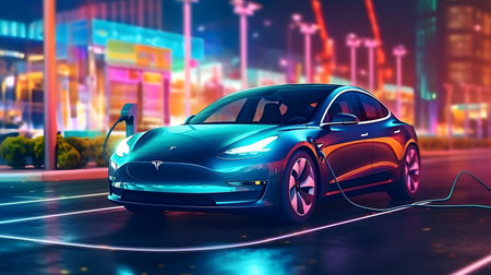 Electric charger plugged into a modern car Generative ai.の素材