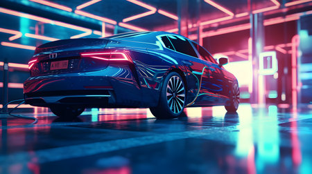 Electric charger plugged into a modern car Generative ai.の素材