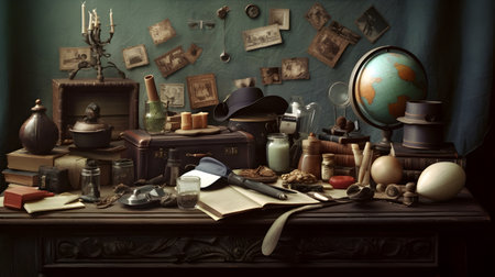 Vintage still life with books, map, compass and other itemsの素材