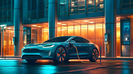 Electric charger plugged into a modern car Generative ai.の素材