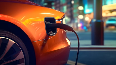 Electric charger plugged into a modern car Generative ai.の素材