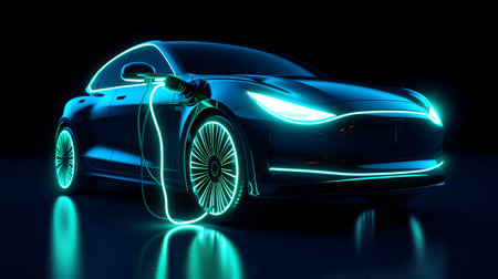 Electric charger plugged into a modern car Generative ai.の素材