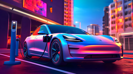Electric charger plugged into a modern car Generative ai.の素材