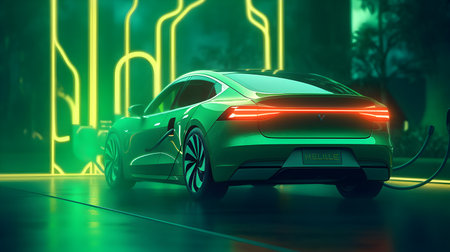 Electric charger plugged into a modern car Generative ai.の素材