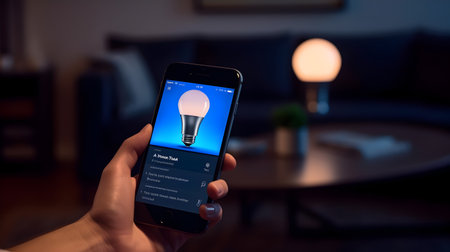 Smartphone with lightbulb on the screen in the living roomの素材