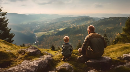 Father and son sitting on the edge of a cliff and looking at the beautiful landscape.の素材