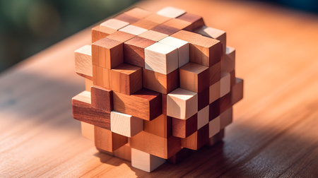 wooden tangram puzzle in the form of a cube on a wooden tableの素材