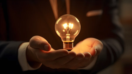 Businessman holding a glowing lightbulb in his hand, close upの素材