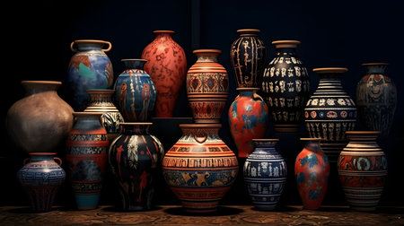 Ceramic vases on display in a pottery shop.の素材