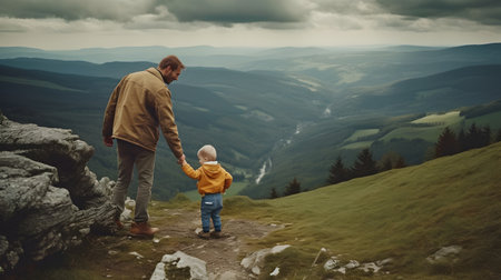 father and son hiking in the mountains. family travel concept. happy fatherhoodの素材