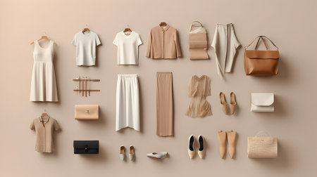 Set of women's clothes and accessories on beige background, top viewの素材