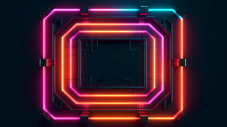 Neon square frame on dark background. 3d rendering, 3d illustration.の素材