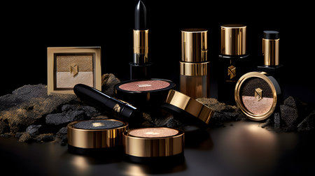 Cosmetic branding, packaging and make-up concept - Cosmetics set on black background, 3D renderingの素材