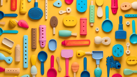 Colorful kitchen utensils on yellow background. Top view.の素材