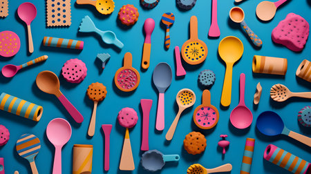 Colorful kitchen utensils on blue background. Top view.の素材