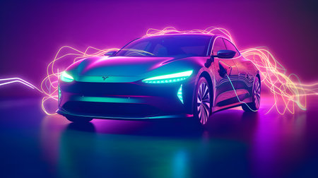 3D rendering of a brand-less generic concept car in neon lightの素材